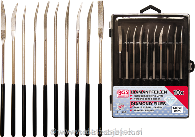 10-piece set of bent diamond files 140 x3 mm BGS TECHNIC