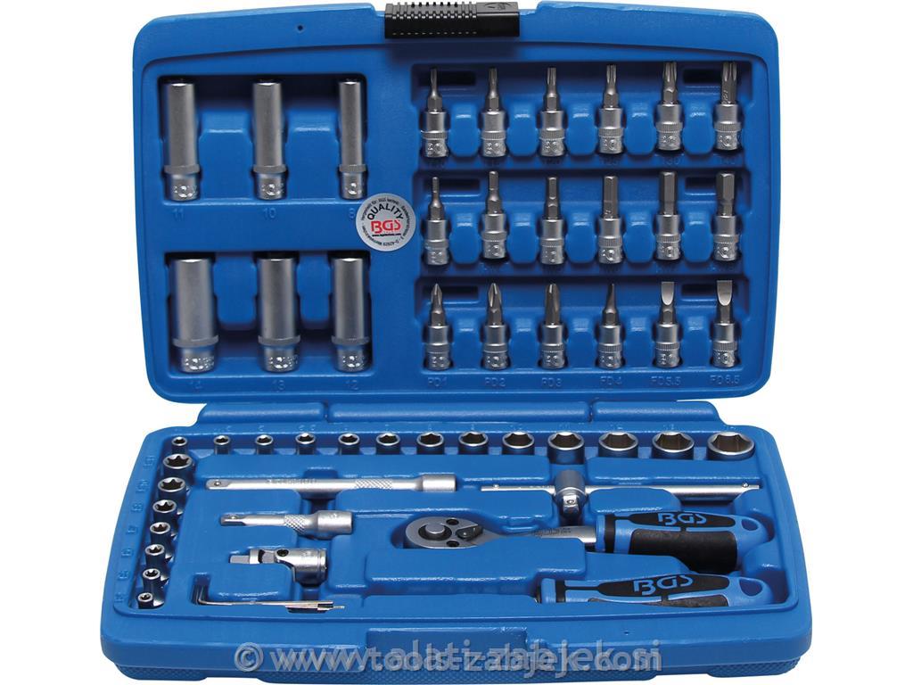 Socket set with extension bars and ratchet, 52-piece BGS TECHNIC