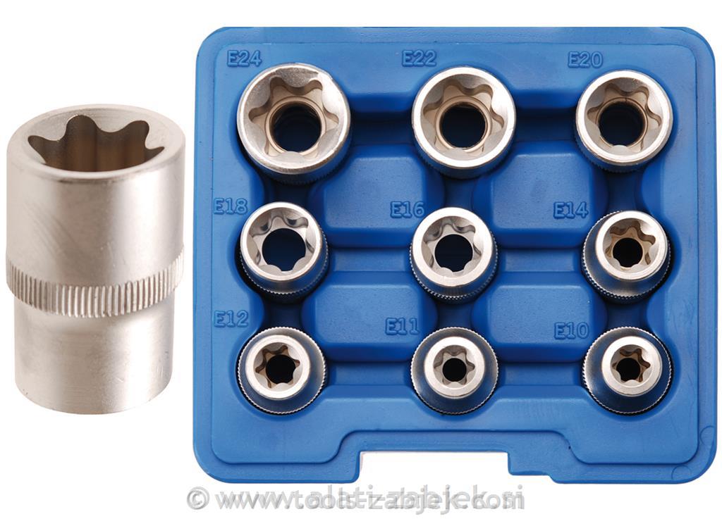 9-piece socket set, E10-E24, 1/2" BGS TECHNIC